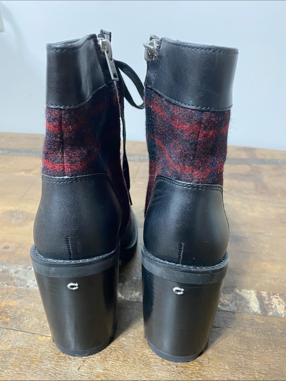 Coach Black Leather and Red Plaid Lace-Up Heeled Ankle Boots - Picture 2 of 5